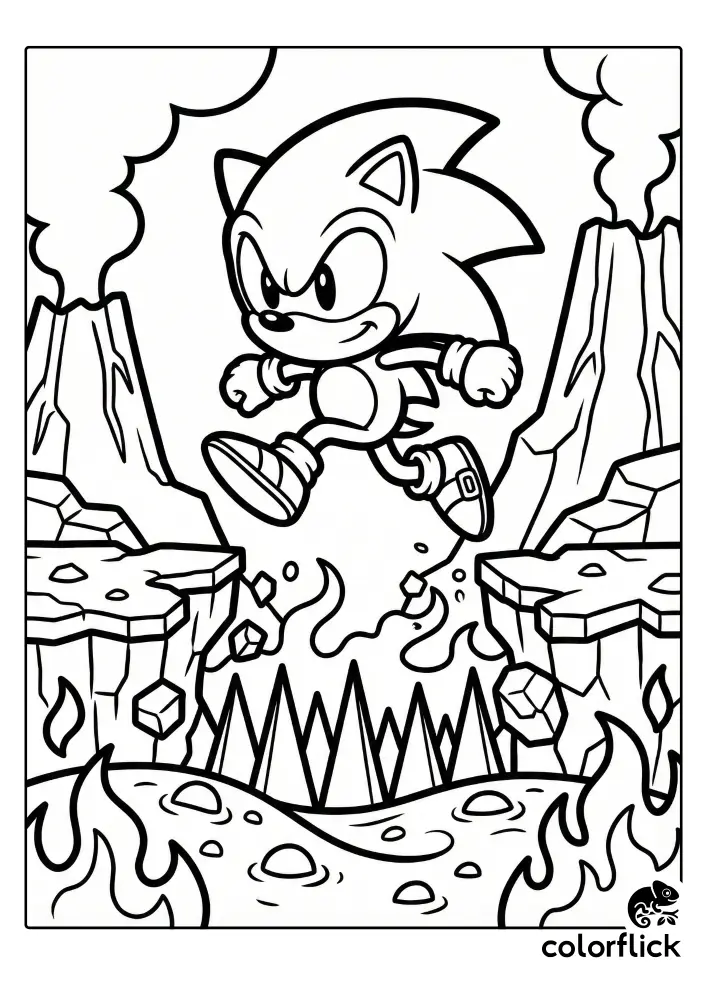 A black and white coloring page illustration showing Sonic the Hedgehog leaping over a pit of spikes and flames in a volcanic landscape with smoking mountains in the background.