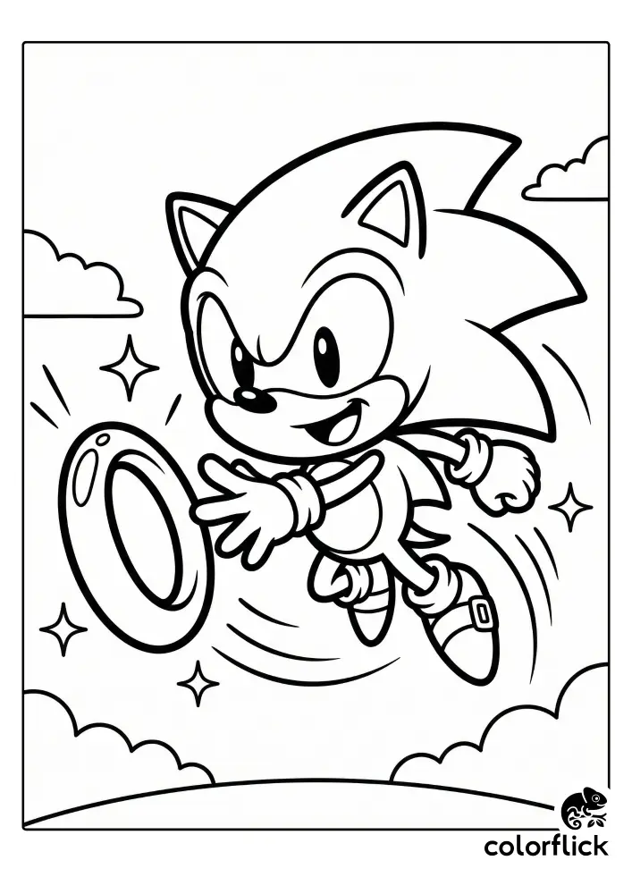 A cheerful line art coloring page showing Sonic the Hedgehog mid-air, reaching out to collect a large golden ring among clouds and stars.
