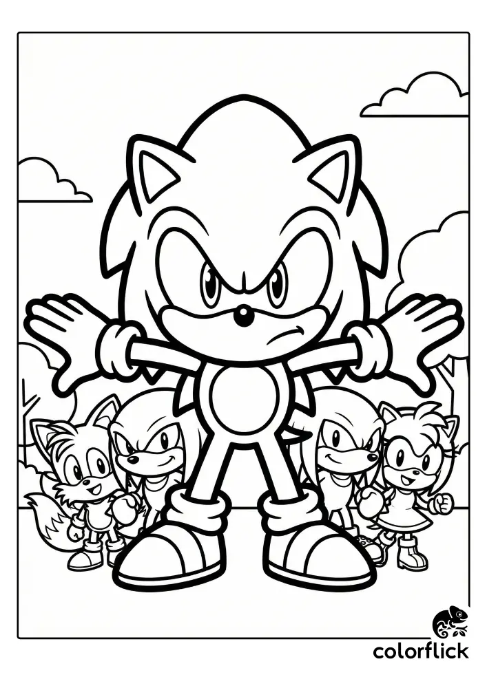 A black and white coloring page illustration showing a large Chibi Sonic the Hedgehog standing protectively with arms spread wide in front of smaller Chibi Tails, Knuckles, and Amy characters in a simple outdoor setting.