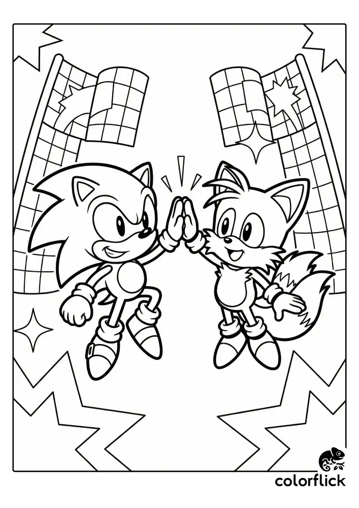 Chibi-style coloring page of Sonic the Hedgehog and Tails high-fiving joyfully with checkered victory arches and stars in the background.