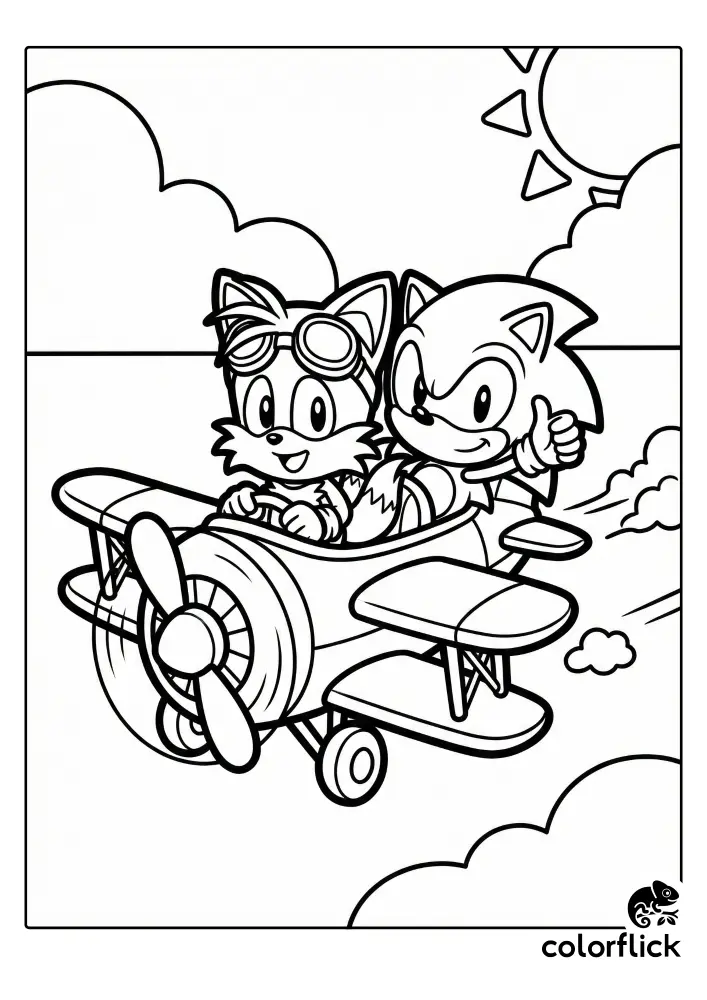 A chibi-style line art coloring page showing Tails piloting the Tornado biplane with goggles on, while Sonic rides passenger and gives a thumbs-up against a sunny, cloudy sky.