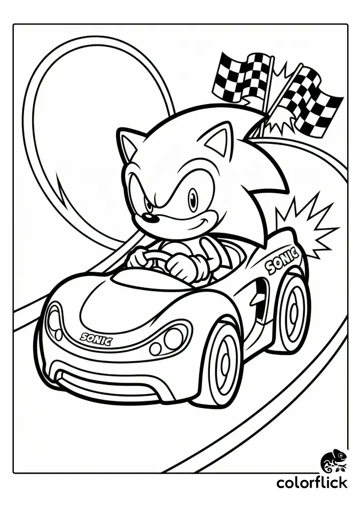 A line art coloring page showing chibi Sonic the Hedgehog driving his race car, labeled "SONIC," on a track with checkered flags in the background.