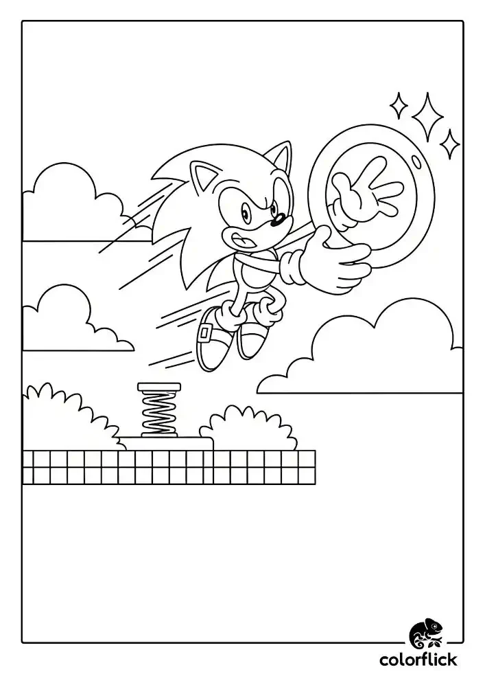 A black and white coloring page of Sonic the Hedgehog jumping high off a spring to collect a sparkling golden ring in mid-air.