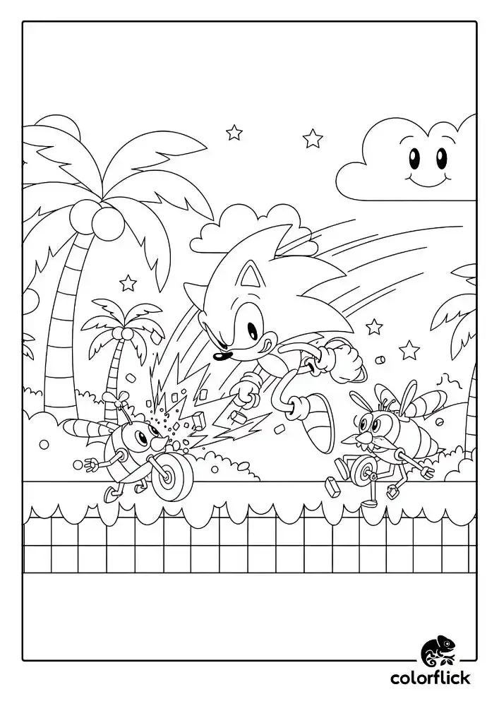 A black and white coloring page of Sonic the Hedgehog using his spin attack to destroy a Moto Bug robot while a Buzz Bomber flies nearby.