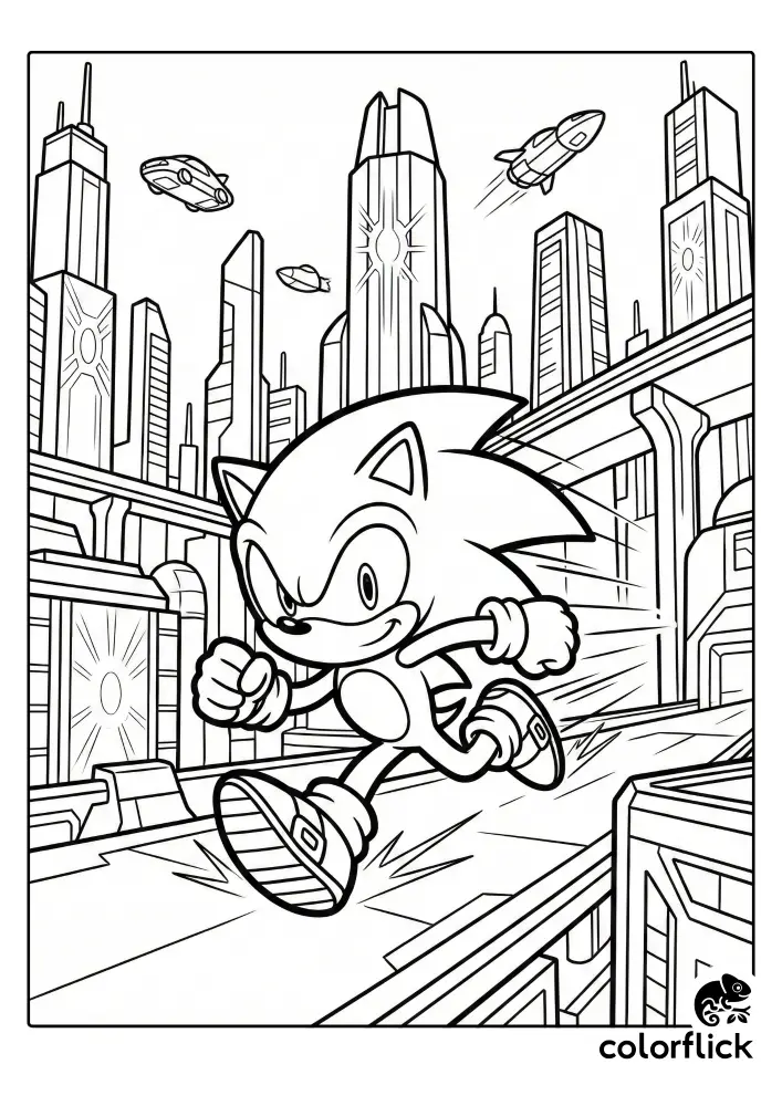 A line art coloring page showing Sonic the Hedgehog sprinting at high speed along a futuristic highway, surrounded by skyscrapers and flying vehicles.