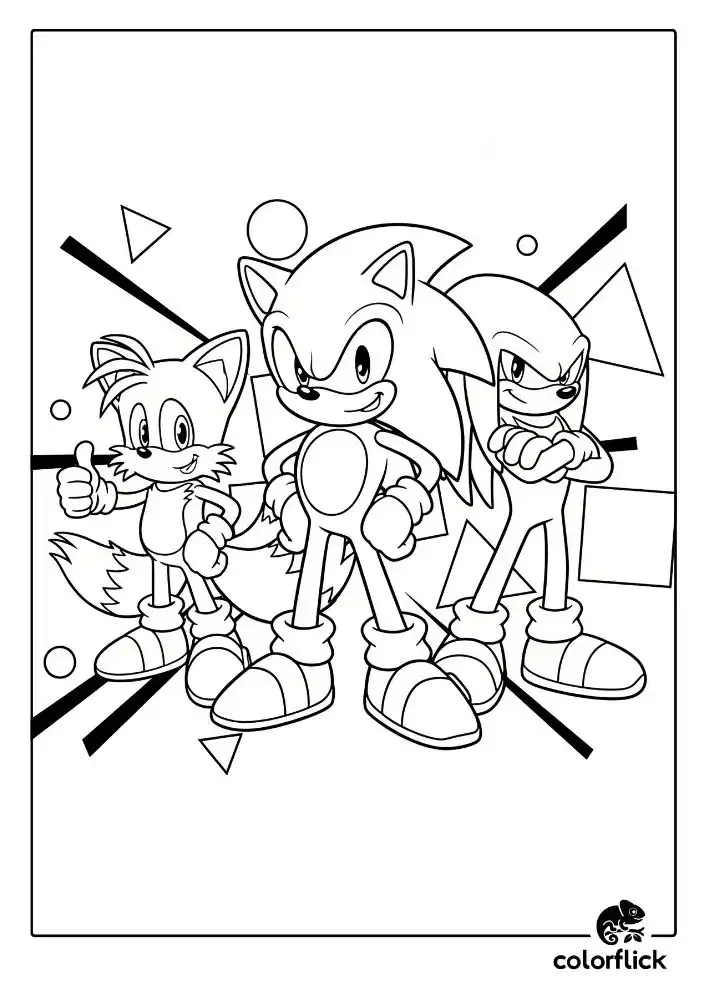 A black and white coloring page of Team Sonic posing together, featuring Sonic in the center, Tails giving a thumbs-up, and Knuckles with his arms crossed.