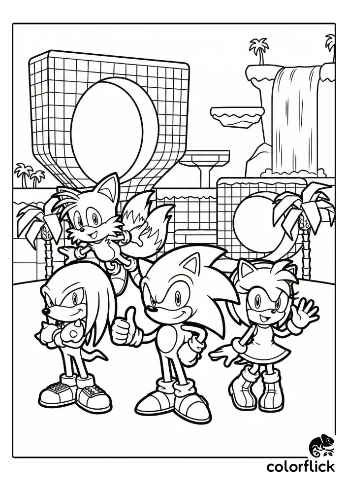 A chibi-style coloring page showing Team Sonic—Sonic, Tails, Knuckles, and Amy—posing together in front of the iconic Green Hill Zone landscape with checkered loops, palm trees, and a waterfall.