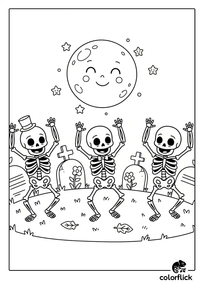 A black and white coloring page of three happy cartoon skeletons dancing in a graveyard at night under a large, smiling full moon