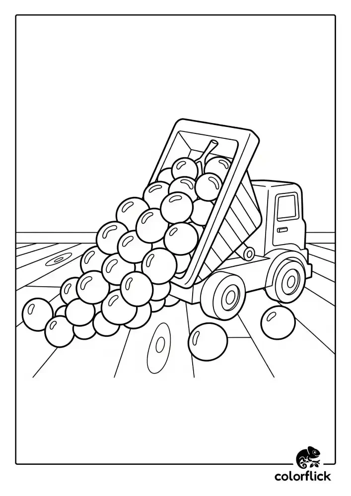 A black and white coloring page of a toy dump truck tilted up and spilling a large load of grapes onto a wooden floor.