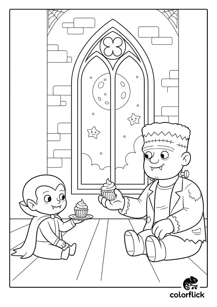 A black and white coloring page of a cute young vampire and a friendly Frankenstein's monster sitting on a castle floor and sharing cupcakes