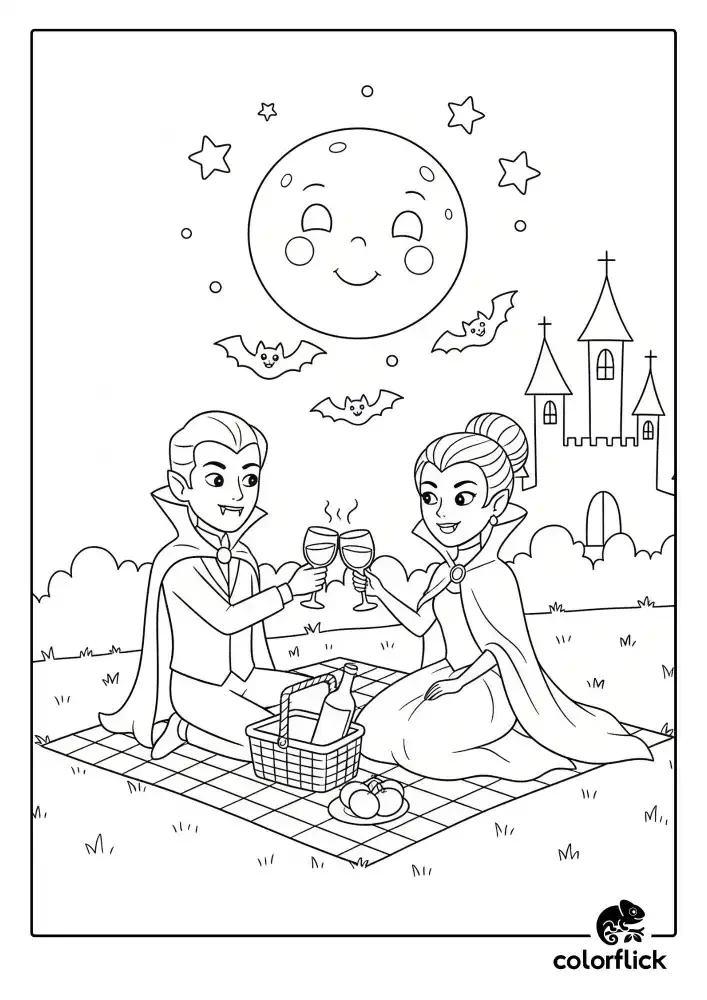 A black and white coloring page of a vampire couple having a romantic picnic at night, toasting glasses under a smiling full moon with a castle in the background