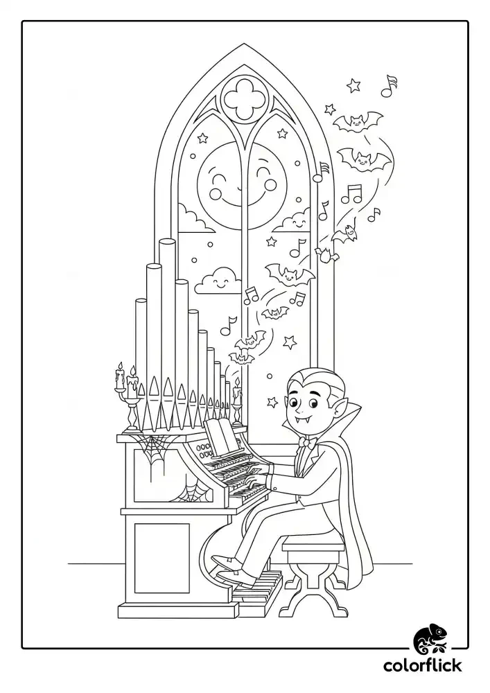 A black and white coloring page of a happy vampire playing a spooky tune on a large pipe organ, with bats and music notes flying out.