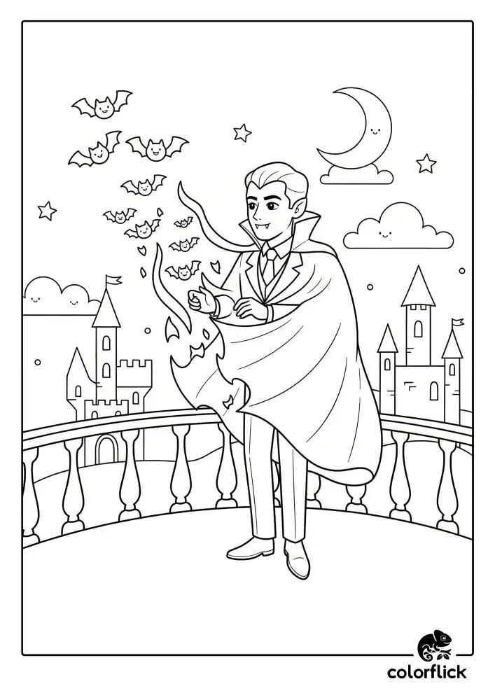 A black and white coloring page of a handsome vampire standing on a castle balcony at night, magically summoning a swarm of bats from his cape