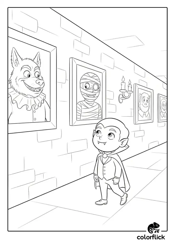 A black and white coloring page of a young vampire walking down a castle hallway, looking at portraits of his monster ancestors like a werewolf and a mummy.