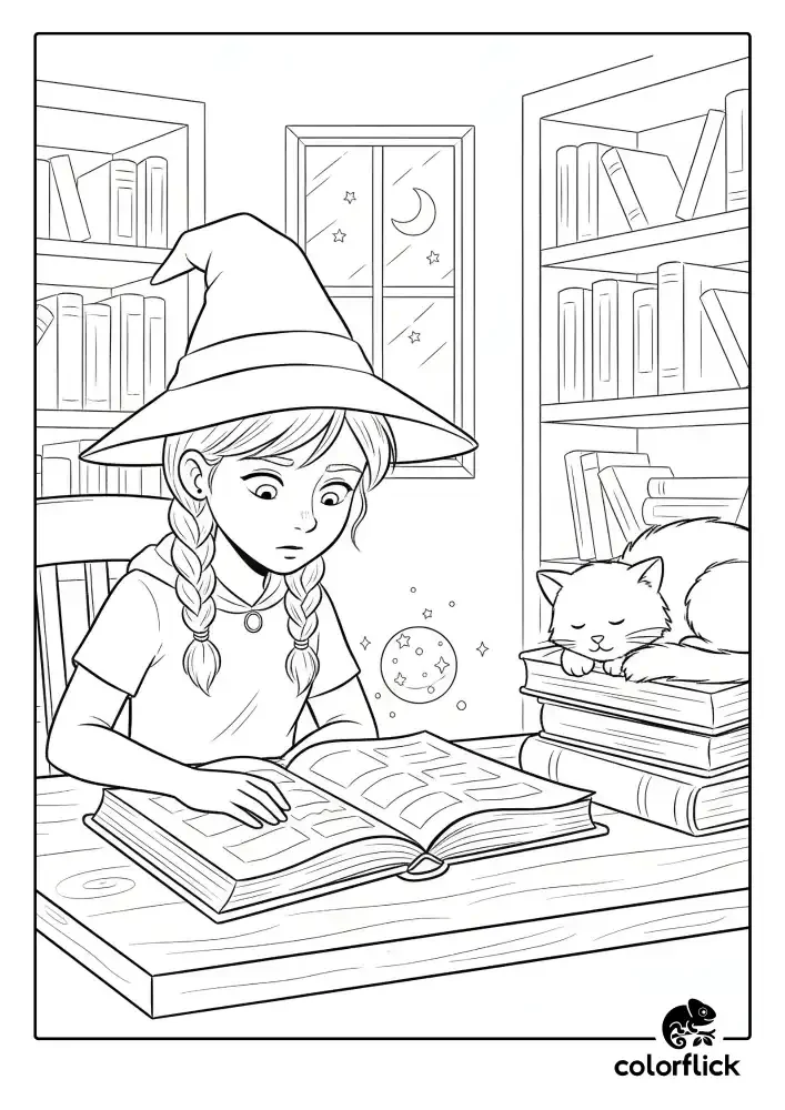 A black and white coloring page of a young witch with braids reading a spellbook in a library while her cat sleeps on a stack of books.