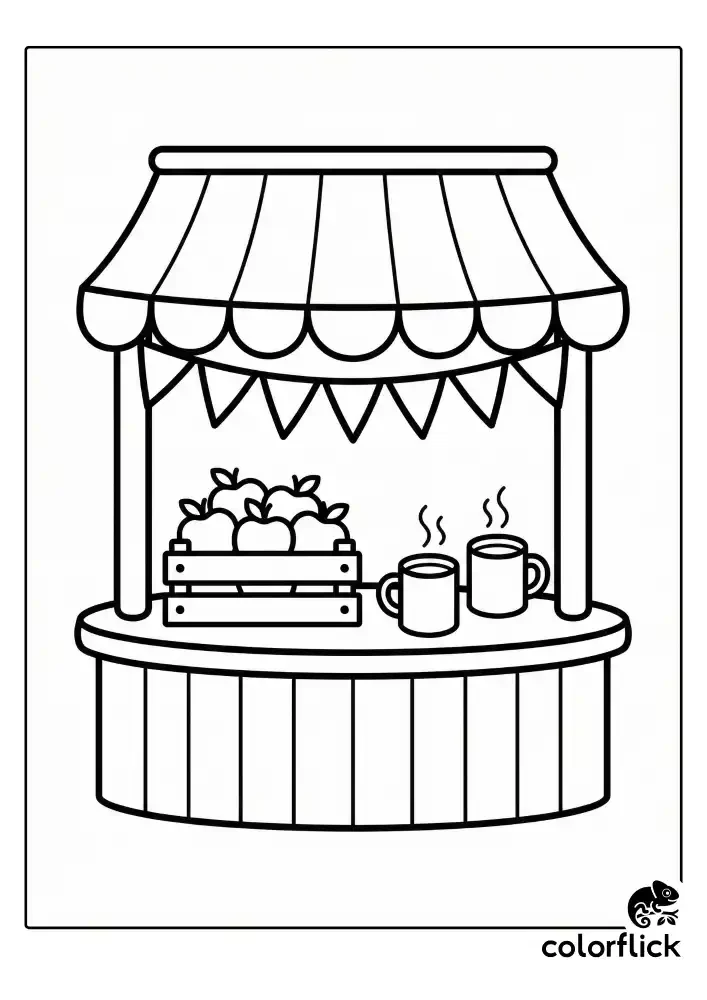 A black and white children's coloring page showing a cute wooden festival booth with a striped awning, bunting flags, a crate of apples, and two steaming mugs of cider on the counter.