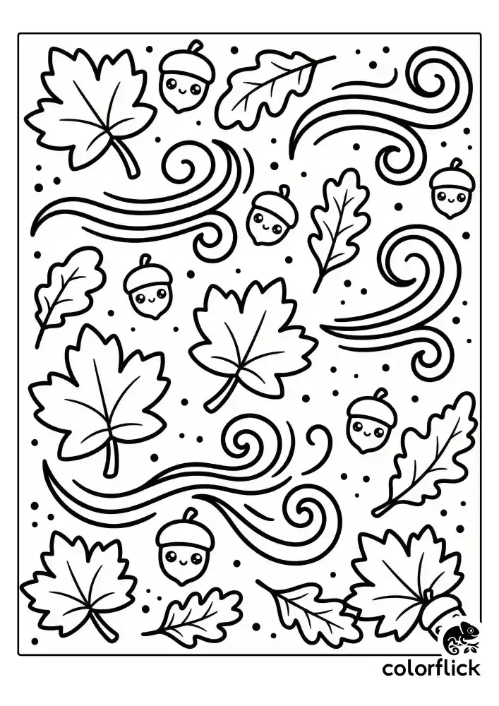 A black and white children's coloring page featuring a scattered pattern of cute, smiling acorns, simple maple and oak leaves, and swirling wind lines with small dots.
