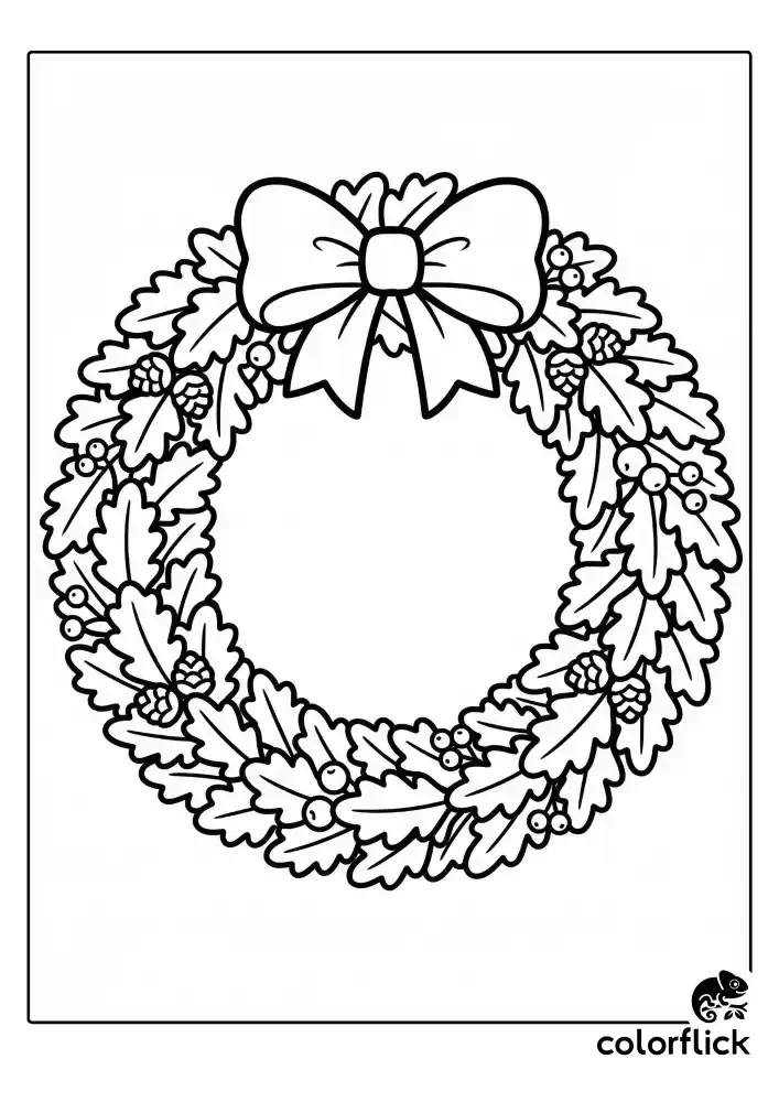 A black and white children's coloring page showing a round autumn wreath made of oak leaves, tiny pinecones, and simple berries, with a large ribbon bow at the top and a clear center.
