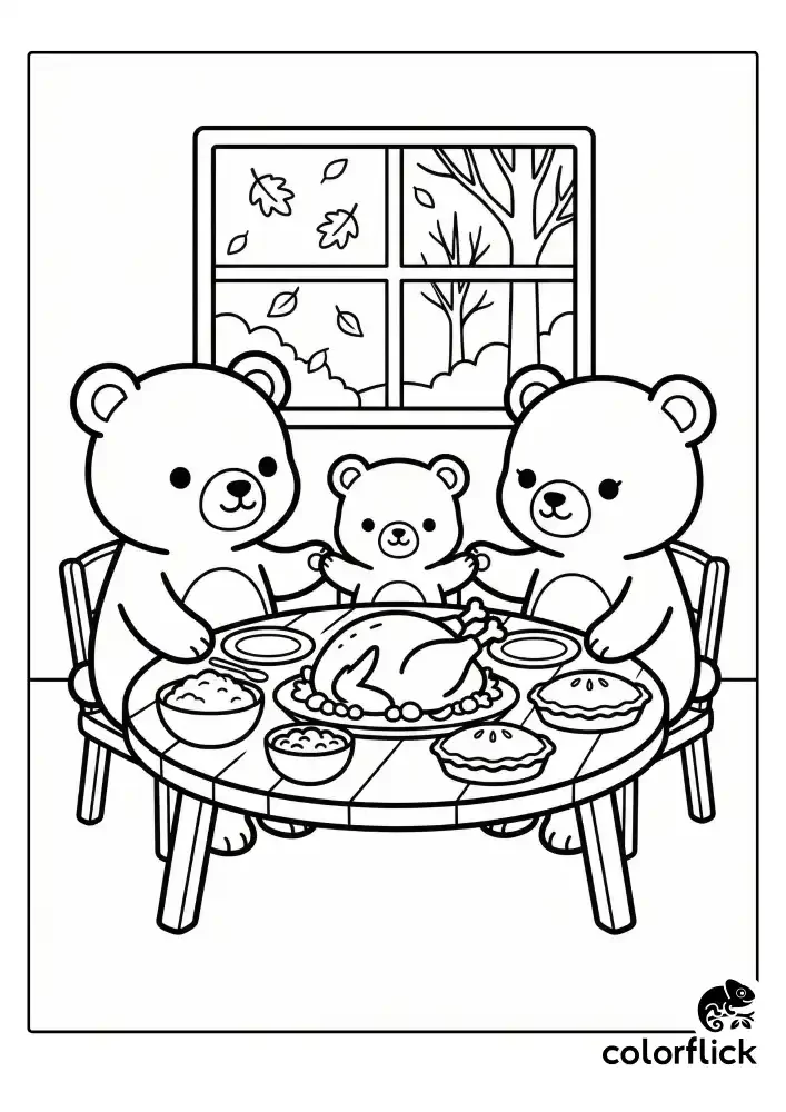 A black and white children's coloring page showing a cute bear family holding paws around a wooden table with a large roasted turkey and pies, next to a window with an autumn view.