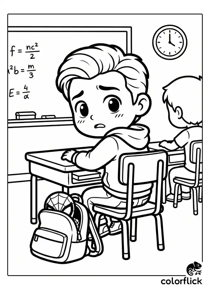 A cute illustration of chibi Peter Parker sitting at his school desk, nervously trying to hide his Spider-Man mask inside his backpack to keep his secret identity safe.