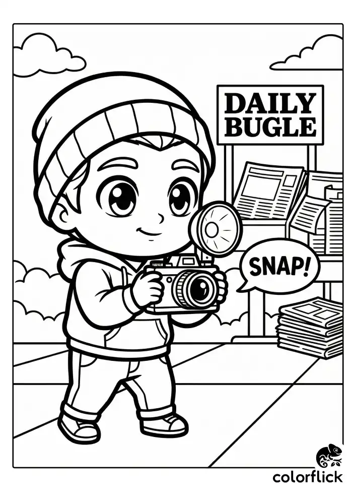 A cute chibi illustration of Peter Parker holding a camera to take snapshots for the Daily Bugle, drawn with thick black outlines for easy coloring.