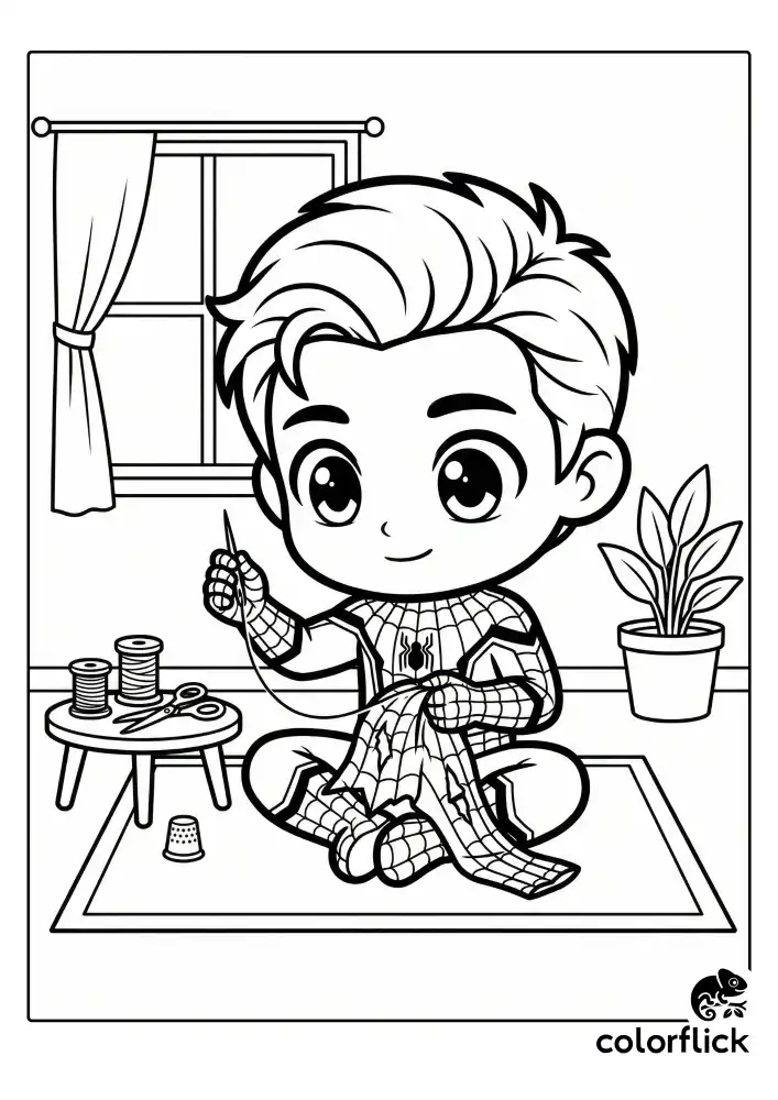 A detailed illustration of chibi Peter Parker sitting focused at his desk, carefully sewing a tear in his Spider-Man mask with a needle and thread in a simple room setting.