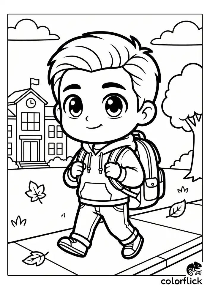 A relaxed illustration of cute chibi Peter Parker walking down a simple sidewalk wearing his school backpack, drawn with thick black outlines suitable for kids.