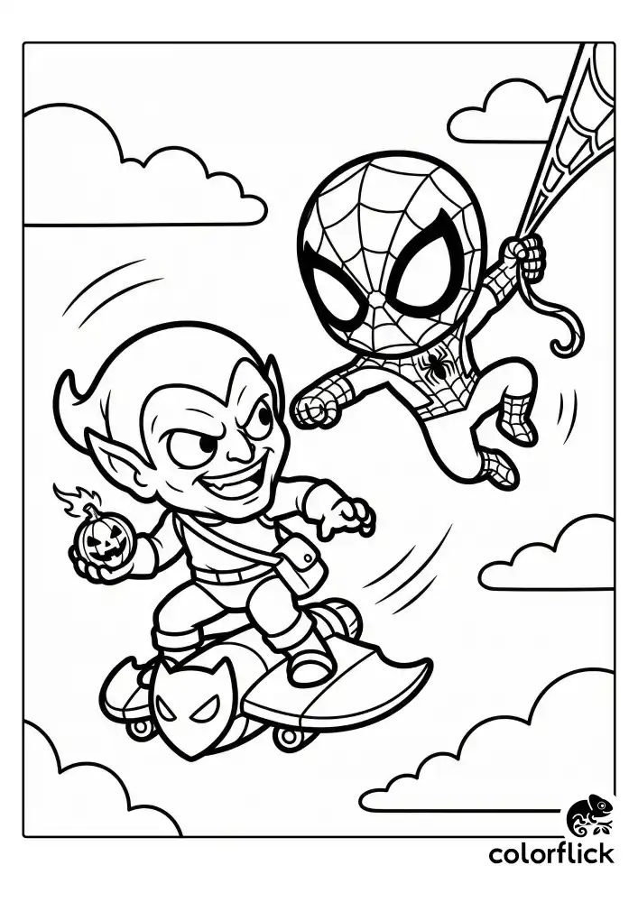 An exciting aerial battle scene featuring cute chibi Spider-Man swinging to confront the Green Goblin riding his glider, illustrated with thick black lines and simple cloud details.
