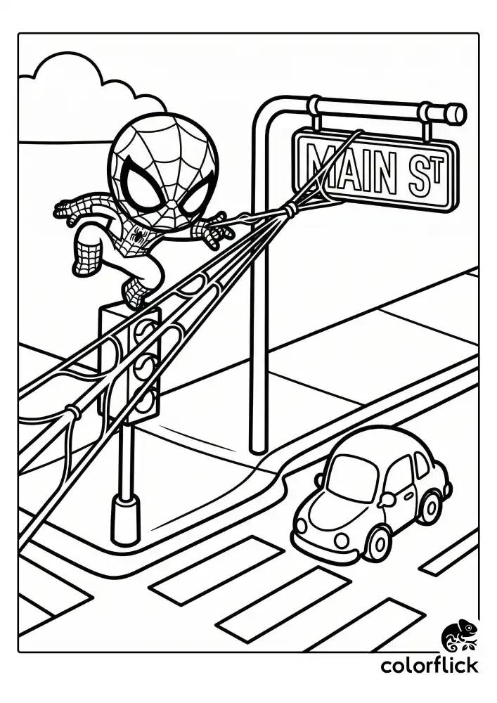 A cute chibi Spiderman balances playfully on top of a traffic signal, shooting a web strand near a hanging street sign, with a tiny car driving on the crosswalk stripes below.