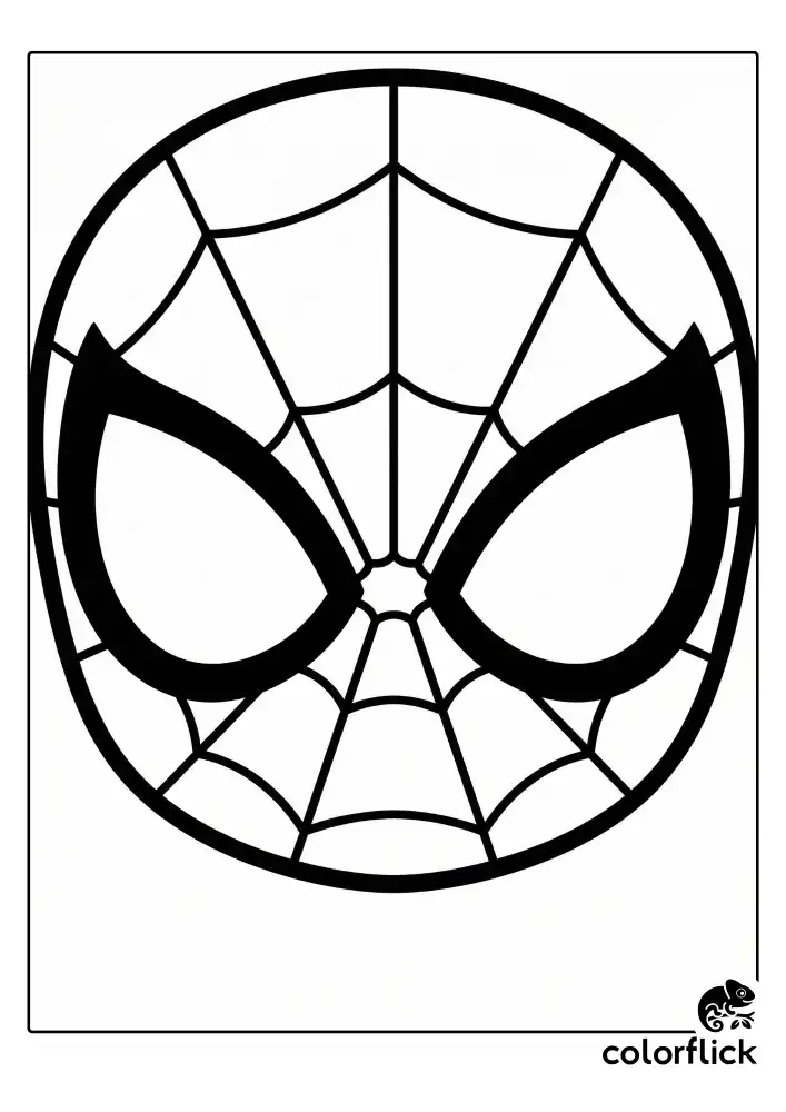 A front-facing close-up of a cute Spiderman mask featuring large, expressive white lens eyes with bold black rims and a classic web pattern.