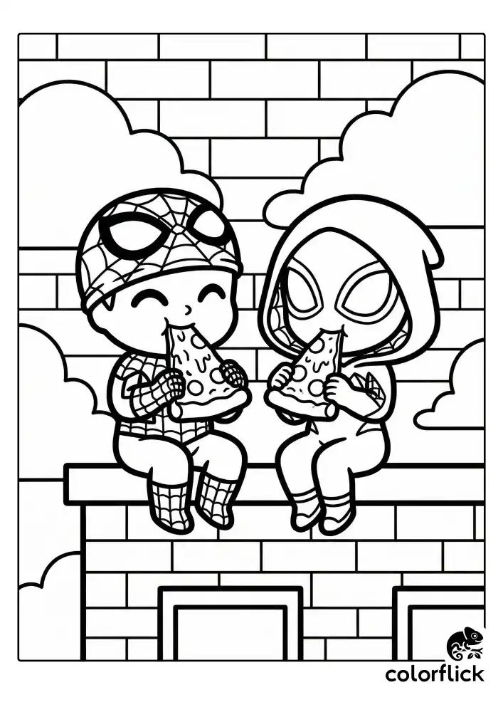 Cute chibi Spider-Man and Ghost Spider sitting on a brick ledge with dangling legs, lifting their masks to eat large pizza slices against a background of fluffy clouds.