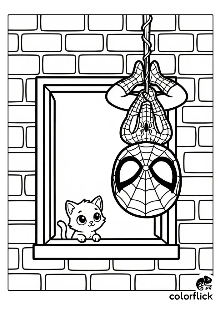 A chibi-style Spiderman hangs upside down with crossed legs from a thick web strand, greeting a small kitten peering out from a large window frame set in a brick wall.