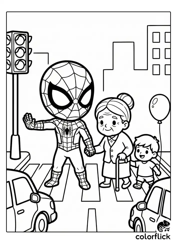 A helpful chibi Spider-Man guiding citizens safely across a street crosswalk, illustrating a friendly neighborhood hero moment with clear bold lines for coloring.