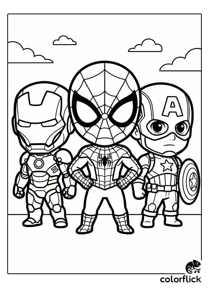 Cute chibi versions of Spider-Man, Iron Man, and Captain America standing side-by-side in a proud hero pose, drawn with thick black outlines ideal for coloring.