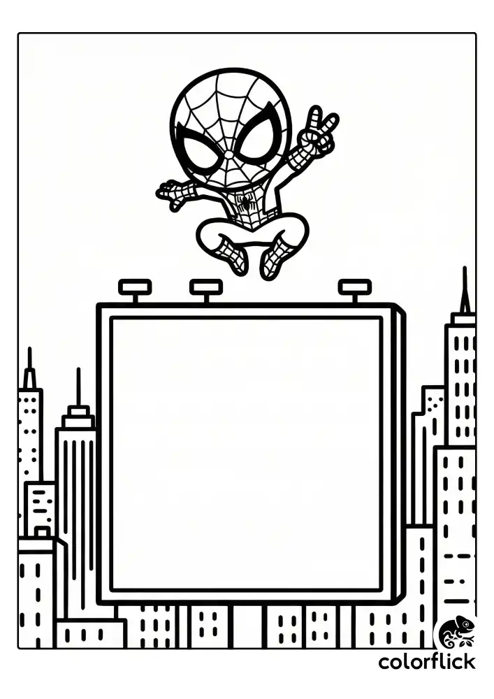 A tiny chibi Spiderman leaps high into the air flashing a peace sign gesture, set against a large blank billboard and simple outlines of city skyscrapers.