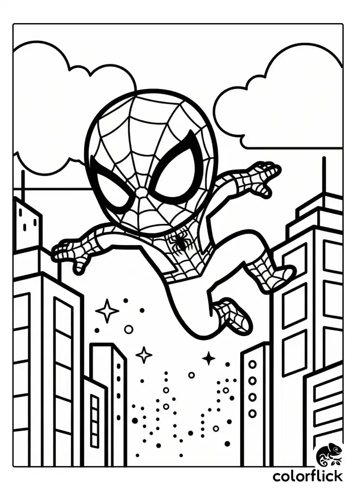 A dynamic illustration of a cute chibi Spider-Man leaping through the air between city buildings, framed by simple sparkling lights and a minimalist skyline.