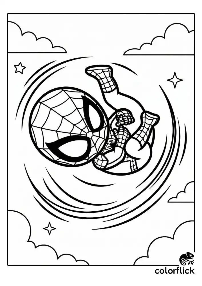 A high-energy coloring page showing a cute chibi Spider-Man performing a twisting mid-air backflip, emphasized by bold swooping motion lines against a clean white background.