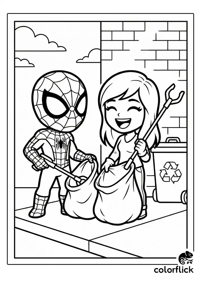A heartwarming illustration of cute chibi Spider-Man and Mary Jane laughing while picking up litter with grabber tools and trash bags near a recycling bin on a sidewalk.