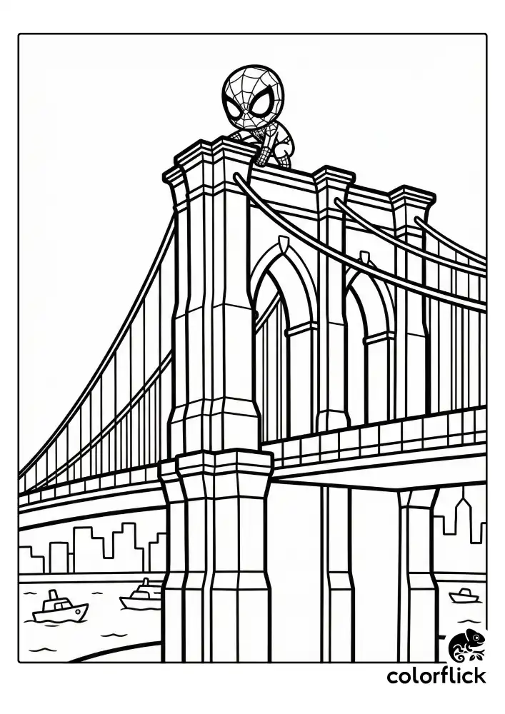 A tiny, cute Spiderman sits atop a high bridge tower holding onto thick suspension cables, overlooking a river dotted with small boats and a distant city skyline.