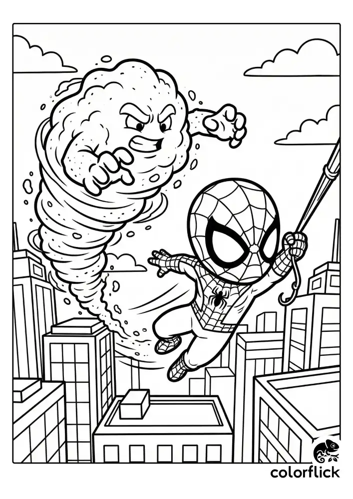 A dynamic illustration of cute chibi Spider-Man swinging fast through city streets while being chased by a swirling cloud of sand representing the villain Sandman.