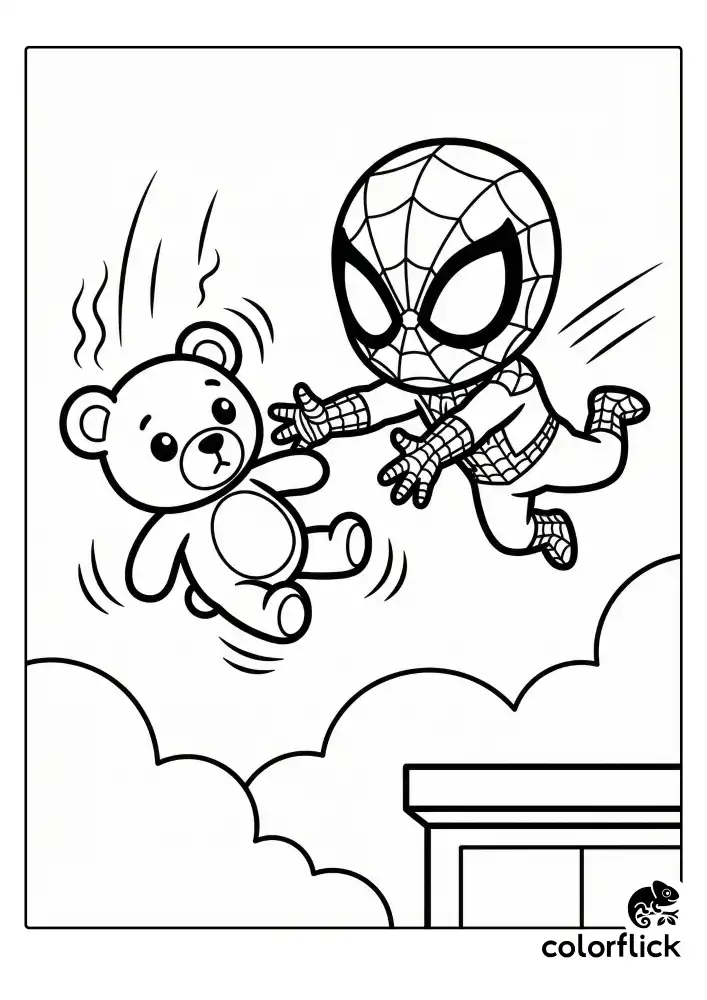 A dramatic yet cute illustration of chibi Spider-Man stretching out his arms to catch a falling object in a slow-motion rescue pose, featuring bold clean lines for easy coloring.