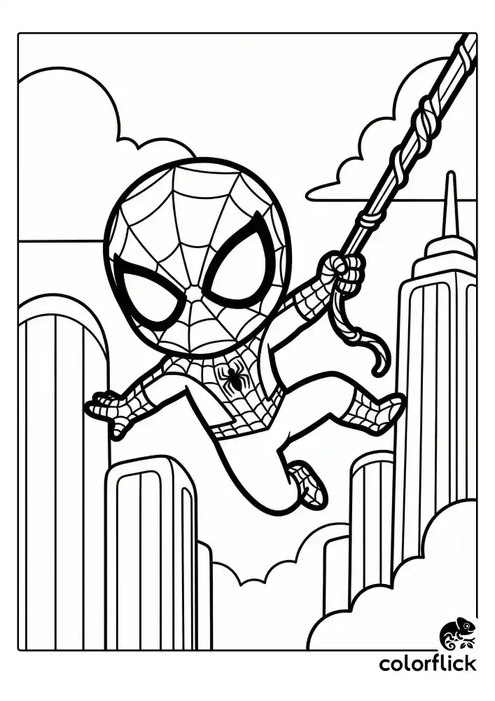 A dynamic black and white coloring page featuring a cute chibi Spiderman in a classic suit swinging through the air on a thick web rope. The background includes tall cartoon skyscrapers and simple puffy clouds with bold lines.