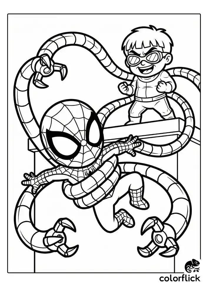 A fun illustration of cute chibi Spider-Man caught in the grip of Doctor Octopus's mechanical arms, featuring bold black outlines and a simple background.
