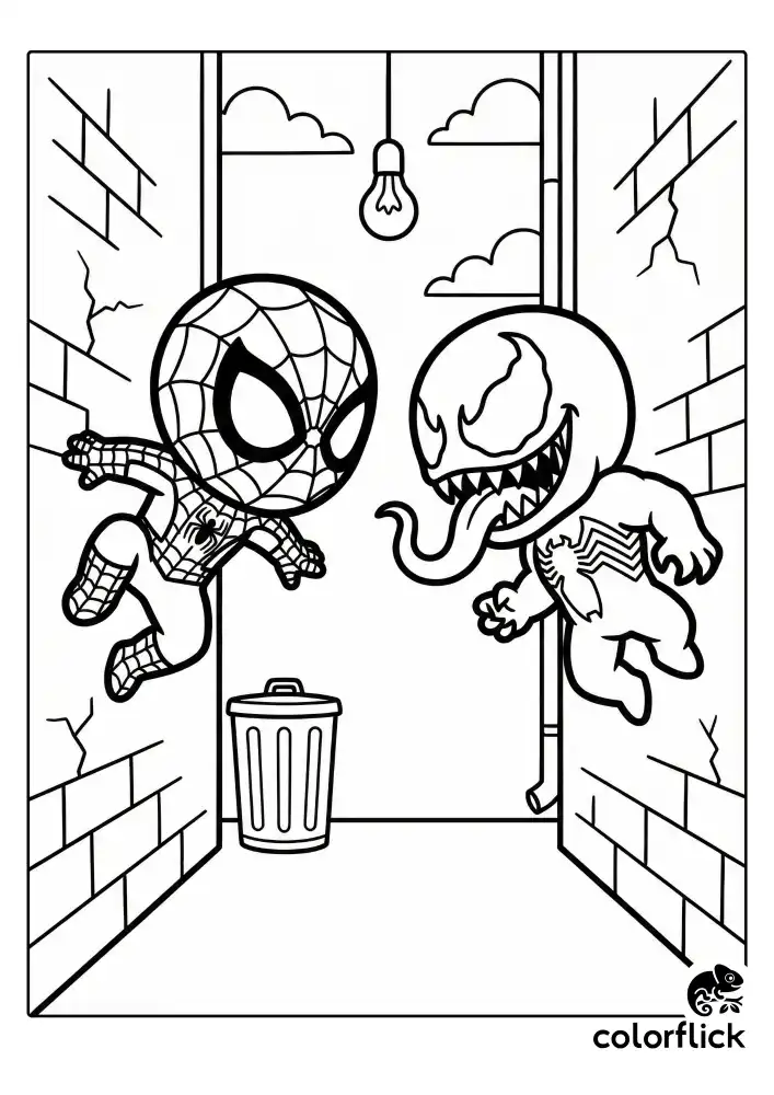 A thrilling coloring page showing a brave chibi Spider-Man facing off against a large chibi Venom in a narrow city alley, illustrated with bold black outlines.