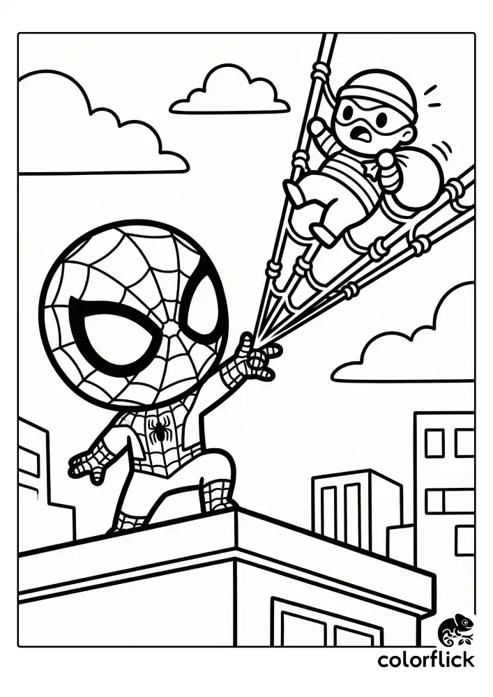 A determined chibi Spiderman shooting powerful webs upward into the sky to catch a fleeing villain, drawn with bold black outlines for easy coloring.