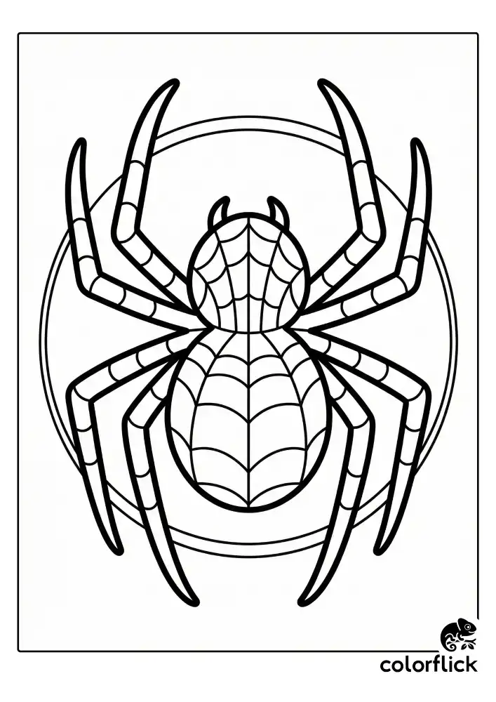 A large, bold spider emblem featuring a round body and eight distinct legs, filled with a classic web pattern and centered inside a simple circular frame.