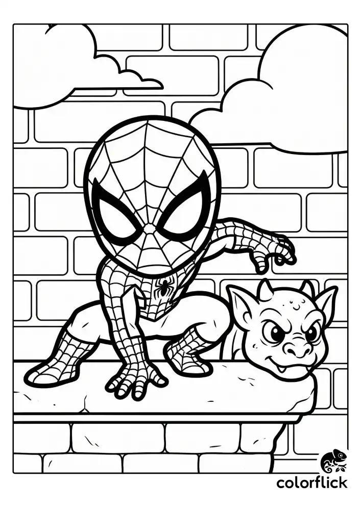 A cute chibi-style Spiderman in his classic suit crouching low on a building ledge next to a stone gargoyle head, drawn with thick, clean outlines against a simple brick wall background.
