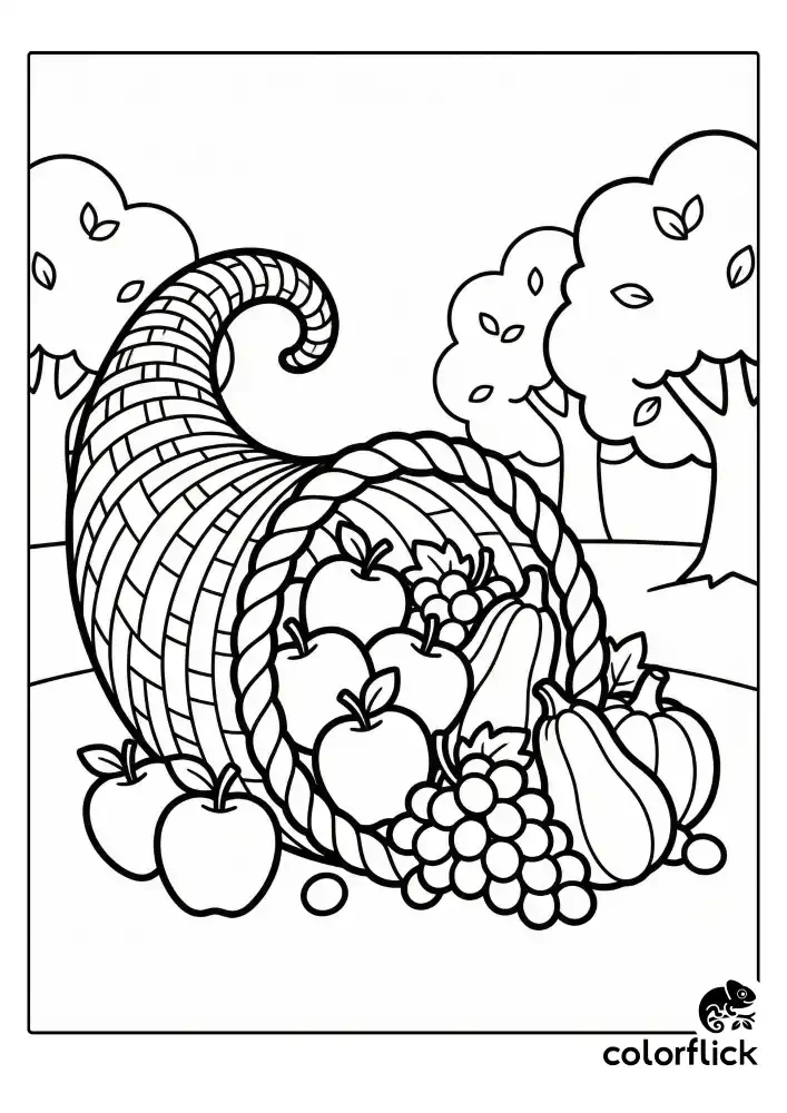 A black and white children's coloring page showing a large woven cornucopia horn overflowing with apples, grapes, and squash, spilling onto the ground in a simple orchard setting.