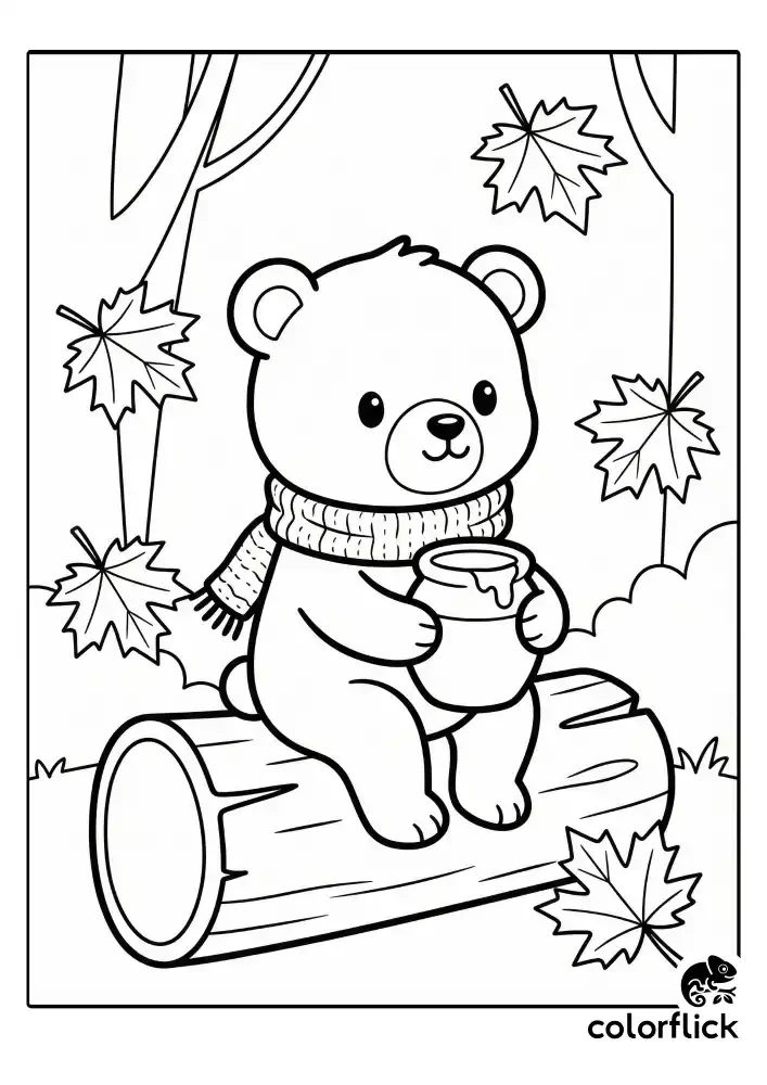 A black and white children's coloring page showing a cute bear cub wearing a scarf, sitting on a log and holding a honey pot, with maple leaves falling in the background.