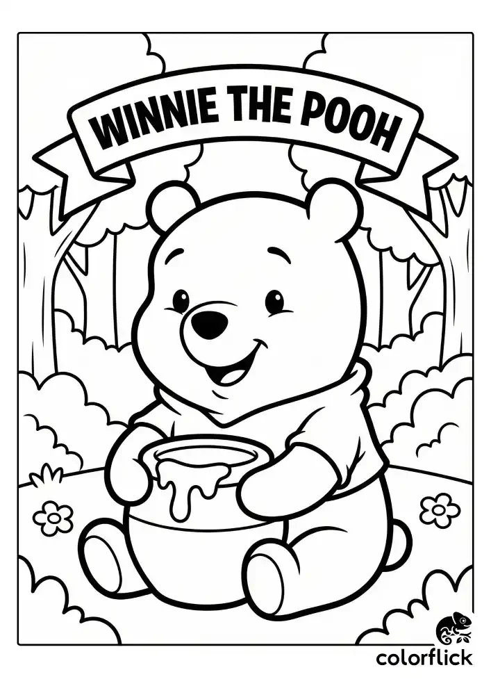 A black and white children's coloring page showing a cute chubby bear sitting happily with an overflowing honey pot, under a large banner with the text "WINNIE THE POOH" in a simple forest.